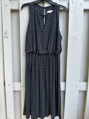 LOFT Black Sleeveless Midi Dress with Subtle Blue and White Stripe Dots